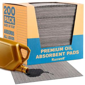 Raxwell Oil Absorbent Pads - 18"x16", 200 Count, Gray - 8-Layer Polypropylene Oil & Water Absorption - Dimpled & Perforated for Rapid Wicking - Lint-Free Garage Floor Mat & Shop Rags