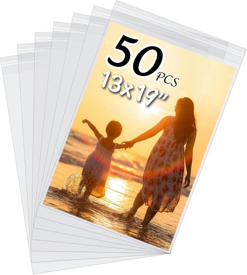 50 Pack Acid-Free Crystal Clear Sleeves Storage Bags for 13x19 Art Prints/Pictures/Photos/Framing Mat Mattes (Bag Size: 13 2/5" x19 1/2")