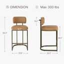 26" H Counter Height Bar Stools Set of 2, Modern Faux Leather Upholstered Barstools with Backrest for Kitchen Island, Gold Metal Frames, Brown