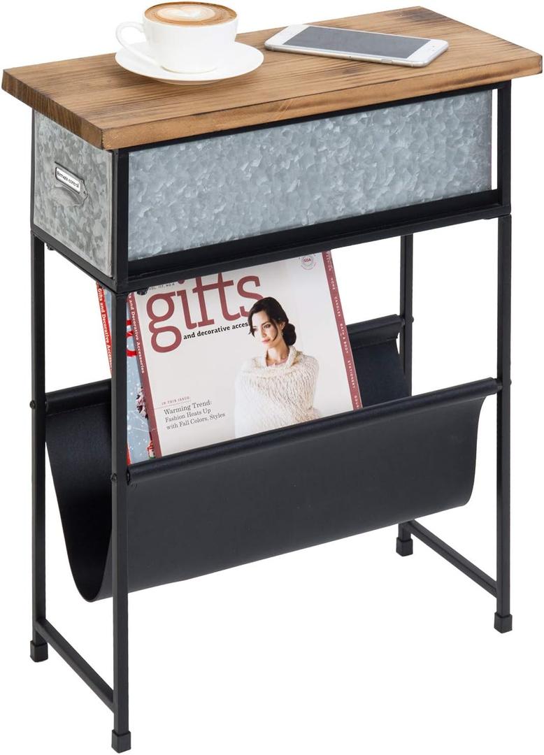 MyGift Rustic Solid Wood and Metal Narrow Small End Table, Side Table, Night Stand, Bedside Table with Silver Galvanized Drawer and Leatherette Sling Magazine Holder