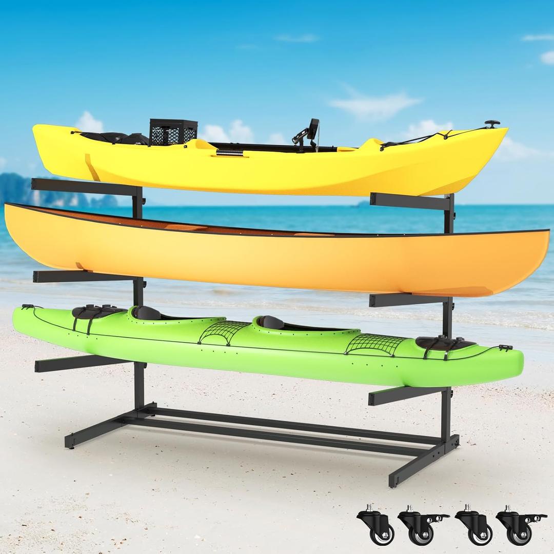 Fiaygro Kayak Storage Rack, Heavy Duty Adjustable Freestanding Kayak Stand with Wheels or Protection Pad for Kayaks, SUPs, Canoe and Paddleboard Kayak Rack for Indoor & Outdoor Use