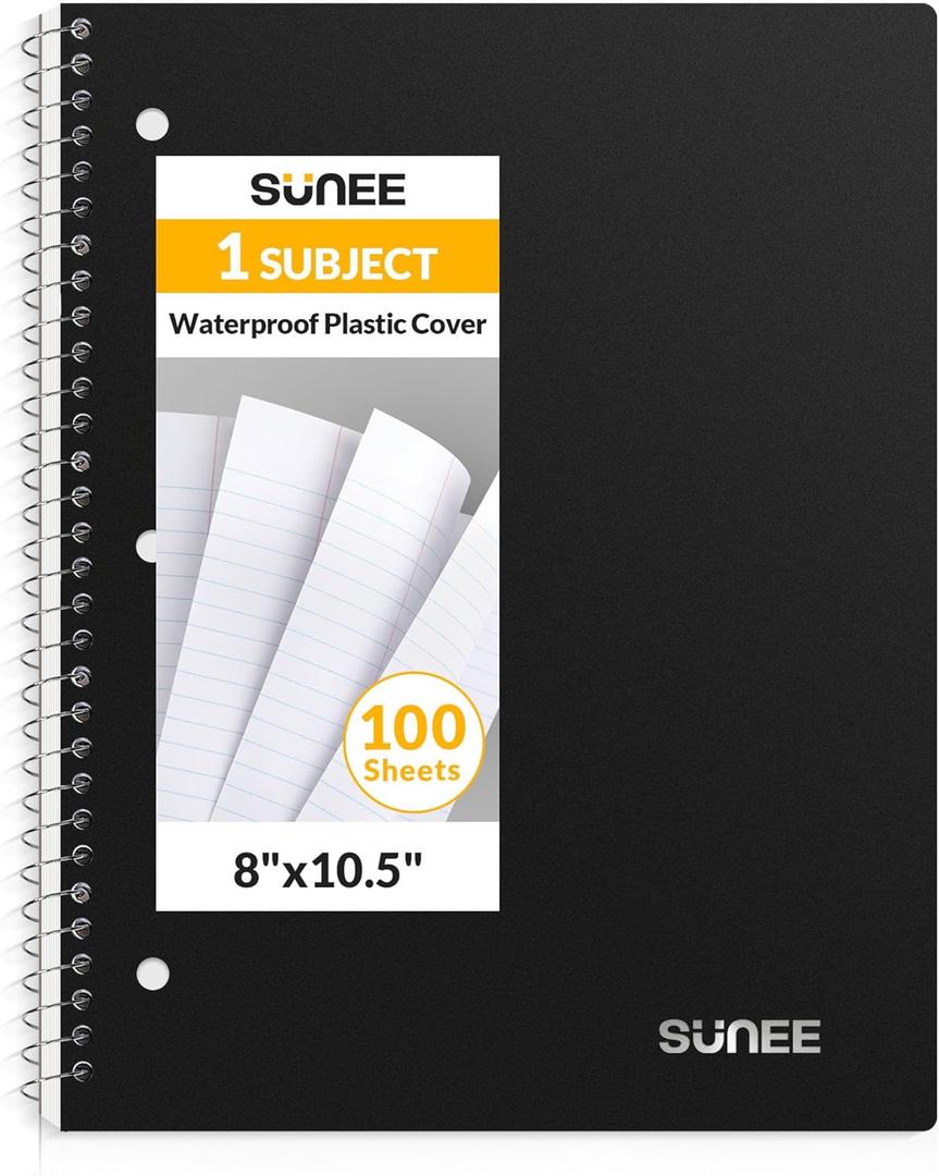 SUNEE Spiral Notebook, 1-Subject, College Ruled Paper, 8" x 10-1/2", 100 Sheets per Notebook, 3-Hole Punched Paper, Water Resistant Cover, Double-sided Pockets, Spiral Lined Notebooks for Work, Black