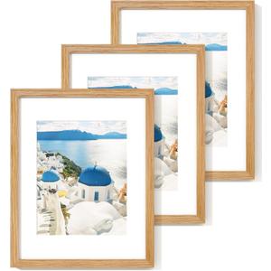 Axeman 11x14 Picture Frame Set of 3 - Solid Oak Frame 11 x 14 Matted to 8x10 - Rounded Corner 14x11 Photo Frame with Tempered Glass - Oak Wood Picture Frame for Wall Mount Display