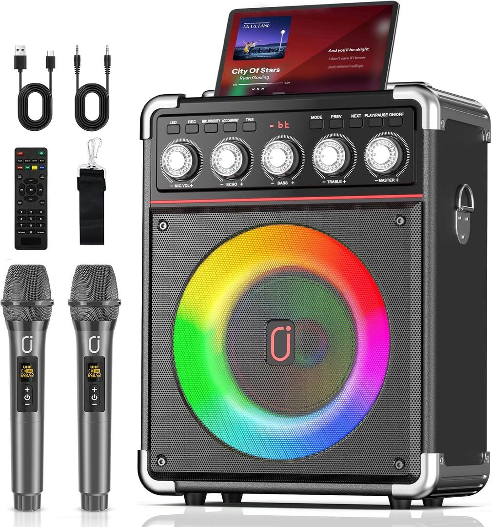 Karaoke Machine for Adults, 24H Playtime Portable Bluetooth Speaker w/2 Wireless Microphones, TWS, Bluetooth 5.3, Bass/Treble Boost for Outdoor Singing, Home Parties & DJ Night (Black)