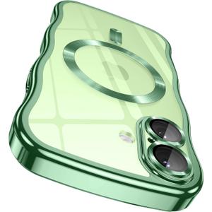 GVIEWIN for iPhone 17 Case [Compatible with MagSafe][Upgraded Full Camera Protection][Cute Wave Frame] Glossy Slim Shockproof Protective Magnetic Phone Case for iPhone 17 6.3'', Clear/Green