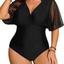 Floerns Women's Plus Size One Piece Swimsuit Floral Print Halter Tie Back Short Sleeve Beachwear Plain Black XX-Large Plus