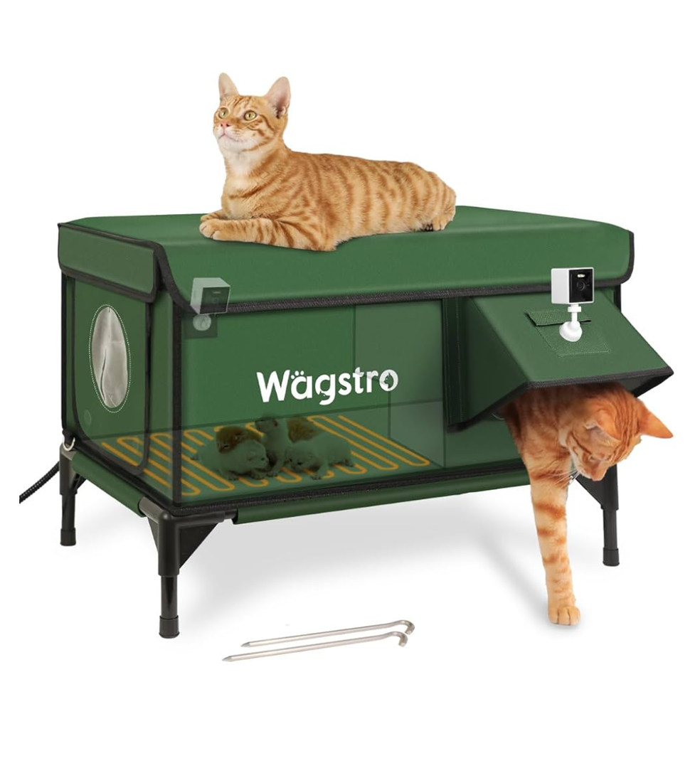 Heated Cat House for Outside with Smart Pet Camera, Highly Elevated with Escape Door, Insulated Waterproof Outdoor Cat House Shelter for Feral Stray Barn Cat (Army Green, 25.6"x16.5"x18.5")