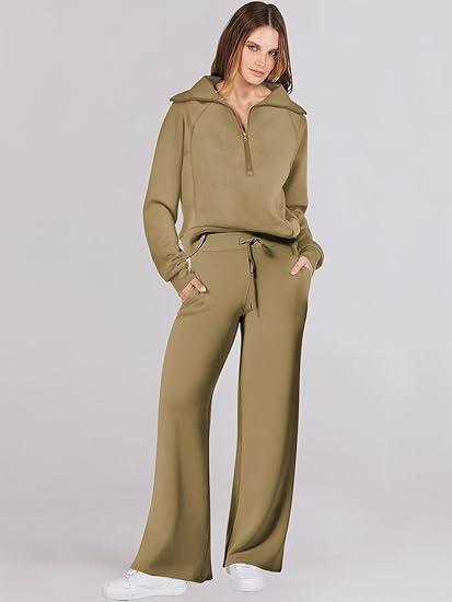 Caracilia Womens 2 Piece Outfits Sweatsuit Set Half Zip Oversized Sweatshirt Wide Leg Sweatpant Fall Lounge Sets Tracksuit, XS