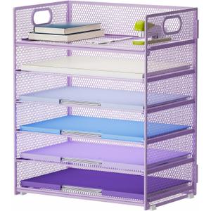 Marbrasse 6 Tier Paper Organizer Letter Tray - Mesh Desk File Organizer with Handle, Paper Sorter for Letter/A4 Office File Folder Holder - Purple