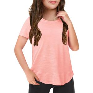 Haloumoning Girls Summer T Shirts Loose Curved Hem Short Sleeve Shirt Athletic Casual Tops Tees 4-14 Years (Pink)