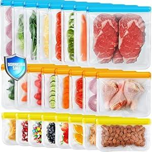 24 Pack Dishwasher Safe Reusable Silicone Bags - Leakproof Freezer Bags, BPA Free Food Storage for Lunch, Marinate, Travel - 8 Gallon, 8 Snack, 8 Sandwich Bags