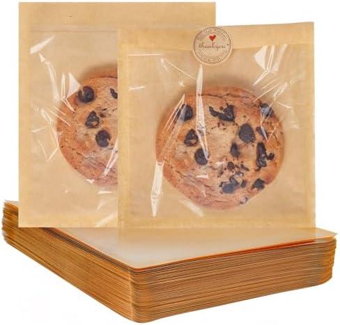 SUREHOME Cookie Bags Small Brown Paper Bags with Window 100 Pcs Thank You Stickers 5.7 x 6.5 Inch Individual Heat Sealable Kraft Bakery Bags for Gift Giving, Treats, Snacks, Baked Goods Packaging