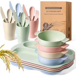 24 Pcs Wheat Straw Dinnerware Cutlery Set for Kids Toddler Aldult Including Divided Plates Microwave Dishwasher Safe Bowl Unbreakable Tableware Straw Cutlery Spoon Knife Fork(Beige/Pink/Green/Blue)