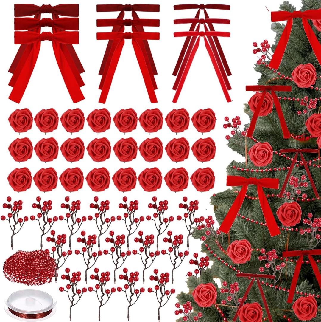 78 Pcs Red Rose Valentine's Day Tree Decoration Set Include Faux Rose Velvet Bows Berries Picks Pearl Garland Velvet Christmas Bows Ornaments for Holiday Xmas Tree Home Decoration