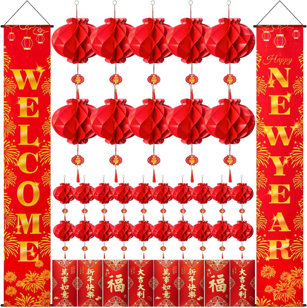 2 x Chinese New Year 2026 Decorations, Lunar New Year 2026 Decorations Include Red Envelopes Red Lantern Ornaments Chinese Couplets for Spring Festival Decorations