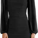 Ofenbuy Women's Mesh Long Sleeve Dress Square Neck Ruched Mini Bodycon Dress Stretch Party Cocktail Dresses (Medium, Black)