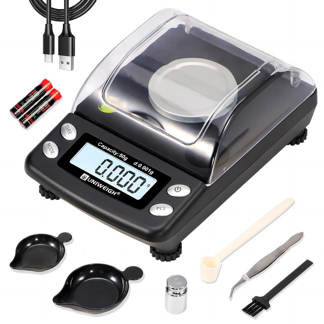 UNIWEIGH Digital Milligram Scale Accurate 0.001g/50g,Precision mg Scale for Jewelry,Powder,Gold,Gem,Reloading Scale,Micro Gram Scale with 6 Units,Tare,Cal Weight,Pocket Scale with USB&Battery Powered