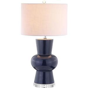 JONATHAN Y 28.5" Navy Ceramic Table Lamp for Living Room Bedroom Nightstand, Modern Hourglass LED Bedside Lamp with Crystal Base and Linen Shade (JYL4027B)