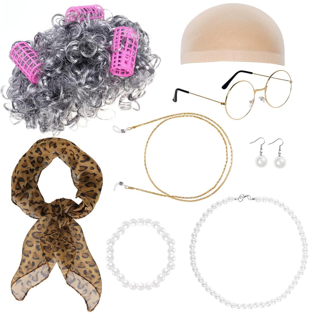 Old Lady Costume 100 Day of School Cosplay Set Grandma Wig Glasses Pearl Necklace Halloween Granny Dress Up(Old Lady Cosplay Set 1)