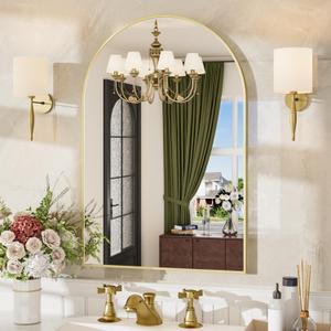 24x36 Inch Arched Bathroom Mirror, Wall Mounted Arch Vanity Mirror for Over Sink, Tempered Glass, Brushed Gold Aluminum Frame, for Bathroom Bedroom Entryway Living Room