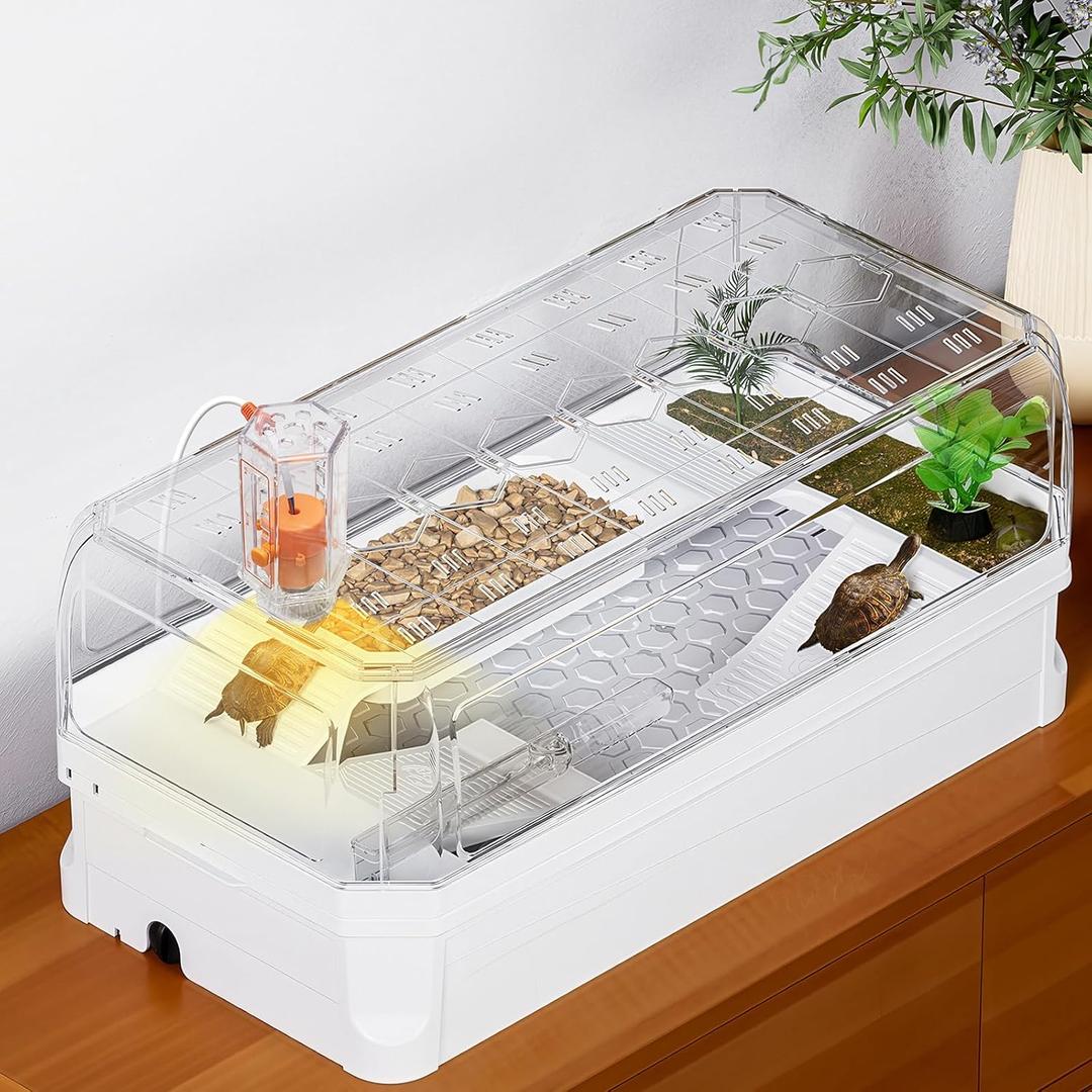 Turtle Tank Kit with Lid,Aquatic Tortoise Habitat Cage Starter Aquarium with Multi-Function Area,UV Basking Platform Light,Water Filter,Rain Shower Arm,Plant,Stone,Enclosure Red Eared Slider