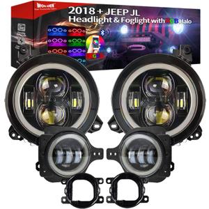 For Je ep JL Halo Headlights and Fog Lights Combo - Super Bright 9 Inch LED Halo Headlights, 4 inch Fogs For 2018 - 2023+ Wrangler JL Sahara Rubicon 2020-2023+ Gladiator JT