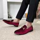 LCQL Men's Velvet Penny Loafers Slip on Party Dancing Shoes Embroidered Tuxedo Dress Shoes Pointed Toe Loafers K12 Burgundy Size 10