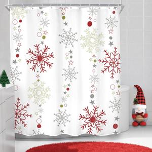Christmas Shower Curtain 72Wx72L Inch Winter Snowflake Merry Xmas Cute Snow Bathroom Set Red Grey Snowflakes Happy New Year Snowy Holiday Kids Bath Curtain Bathtub Accessories Home Decor