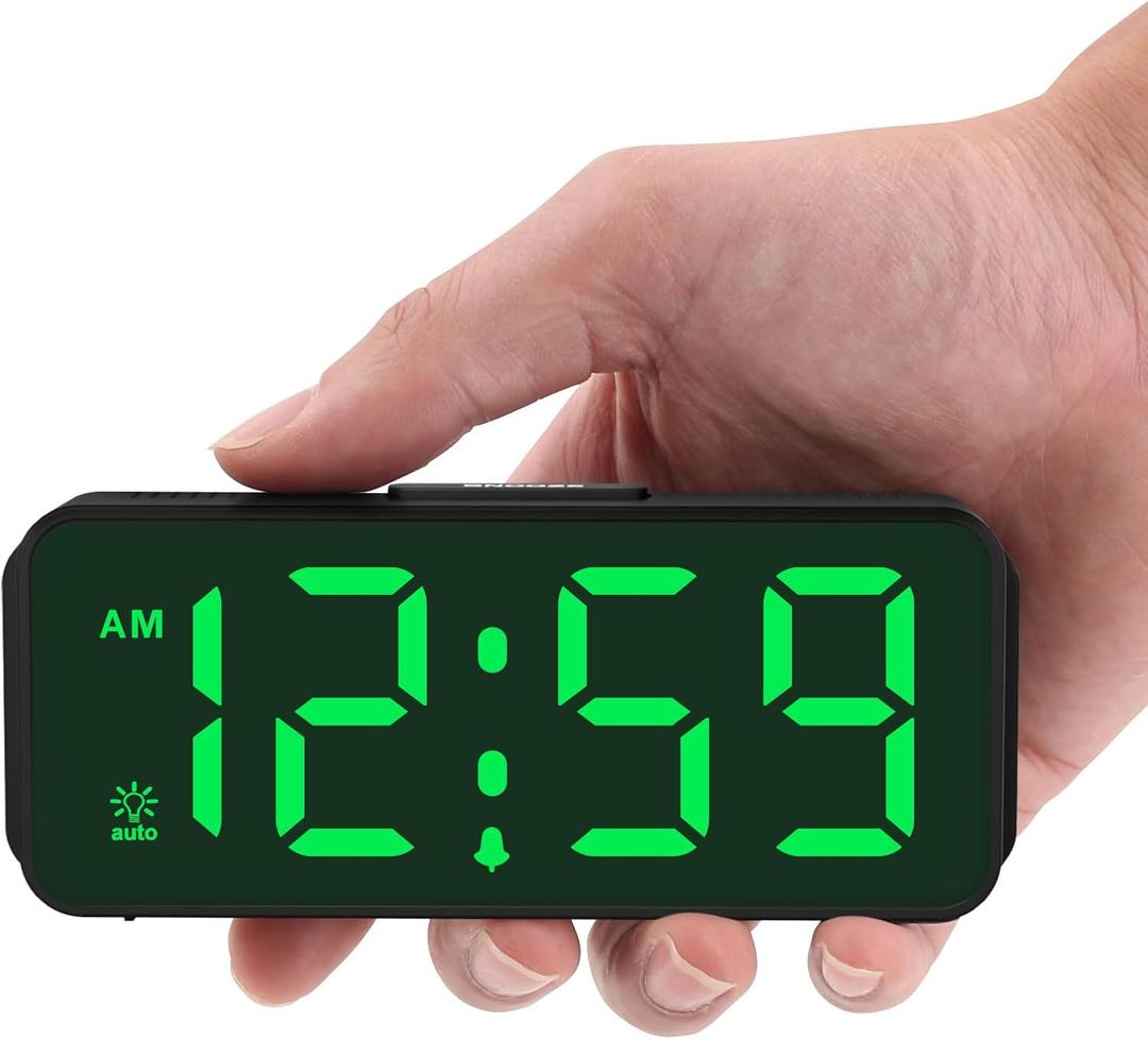 Peakeep Small Battery Powered Digital Alarm Clocks for Bedrooms Bedside, Cordless Tiny Travel Portable Desk Clock, Large Numbers Auto Dimmable, LED Display 4 Dimmers, 5 Alarm Volumes (Green Digits)