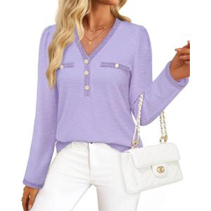 Triratna Long Sleeve Shirts for Women Dressy Button Front Tweed Blouses Business Casual Winter Tunic Tops Office Work (Purple, XL)