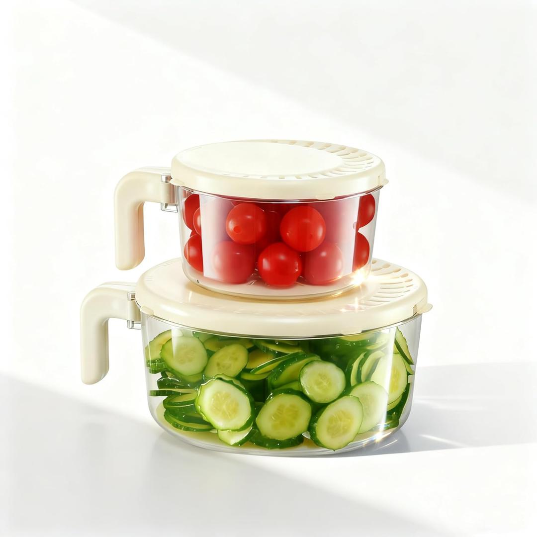 Fruit Washing Bowl with Strainer,Colander for Kitchen,Multi-Functional Vegetable and Food Drainer with Lid And Handle,Portable Fruit Containers for Fridge,BPA Free,2 Set (White)