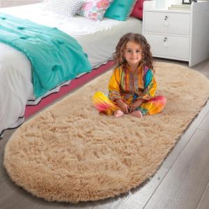 LOCHAS Bedroom Rug 2.6' x 5.3', Beige Fluffy Shaggy Area Rug for Bedroom Bedside, Soft Oval Throw Rugs Carpet for Kids Girls Nursery Living Room Home Decor