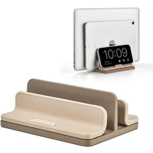 Dual Vertical Laptop Stand, 3 in 1 Upright Desktop Stand Holder with Adjustable Dock (Up to 17.3''), Leather Laptop Rack Storage Desk Organizer for Phone, Tablet, MacBook/HP/Dell/Chrome Book (Apricot)