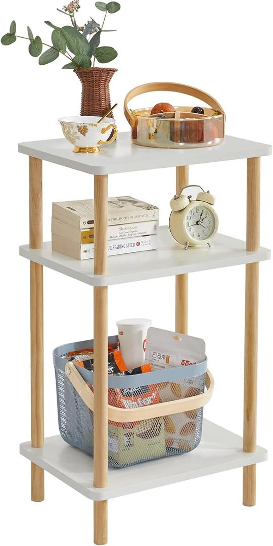 IBUYKE 3-Tier Side Table, Solid Wood Tall End Table with Storage Shelves, Nightstand Bedside Table for Living Room Bedroom Office, No-Tool Assembly, White UWST003W (11.42" x 15.35" x 26.96")