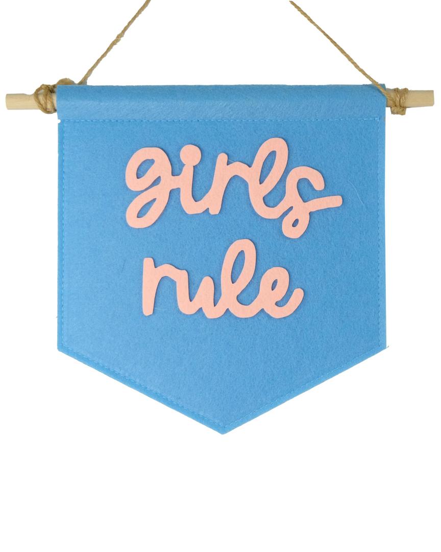 Girls Rule Mini Hanging Felt Banner，- Baby Kids Girl Nursery Wall Decor, Kids Room Flag, Cute Decorative Banner, Charming Decoration for Small Spaces (Blue)