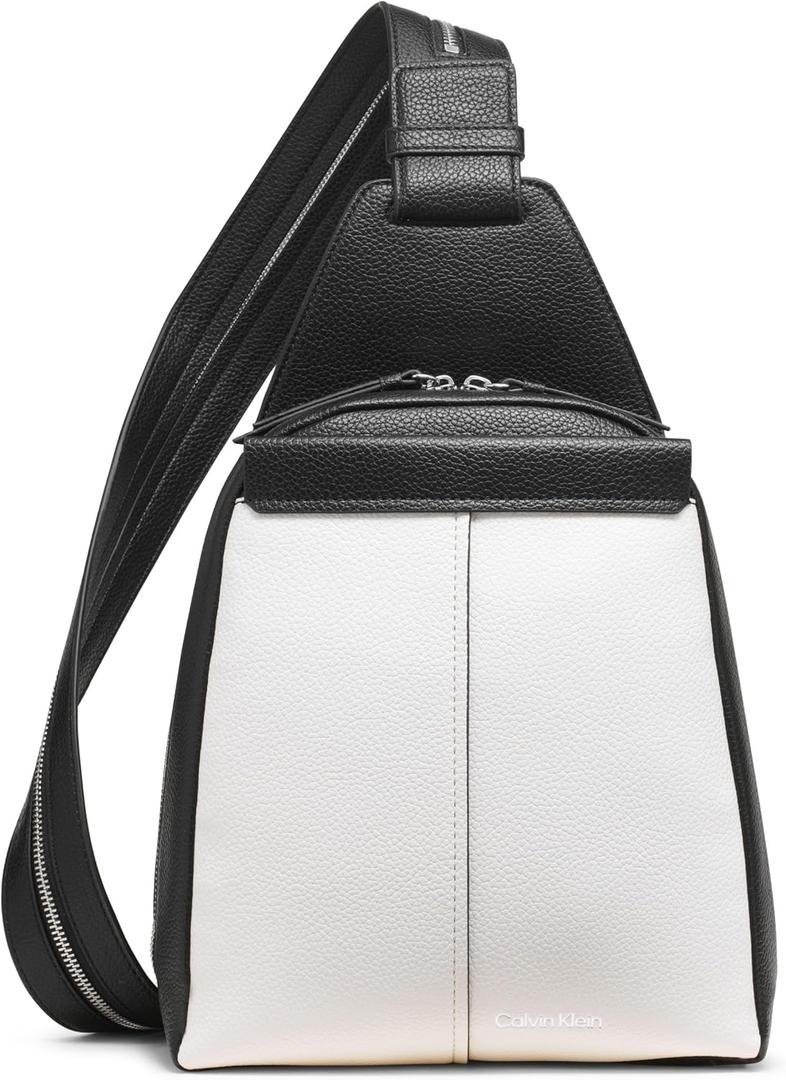 Calvin Klein Women's Myra Backpack for Women  Vegan Leather Convertible Sling Backpack, 2 Pockets, Cherub White/Black, One Size