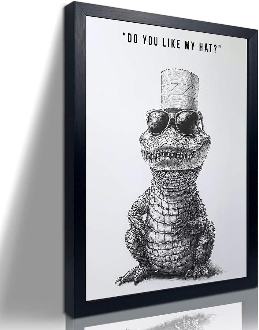 2 x Framed Bathroom Wall Simple Decoration Fun Crocodile Wearing Toilet Paper Hat Black And White Frame Home Decoration Animal Canvas Printing Canvas Art