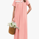 Ekouaer Nightgown for Women Cotton Long Night Gown Short Sleeve Nightdress with Pockets Button Sleepshirt Soft Sleepwear, L