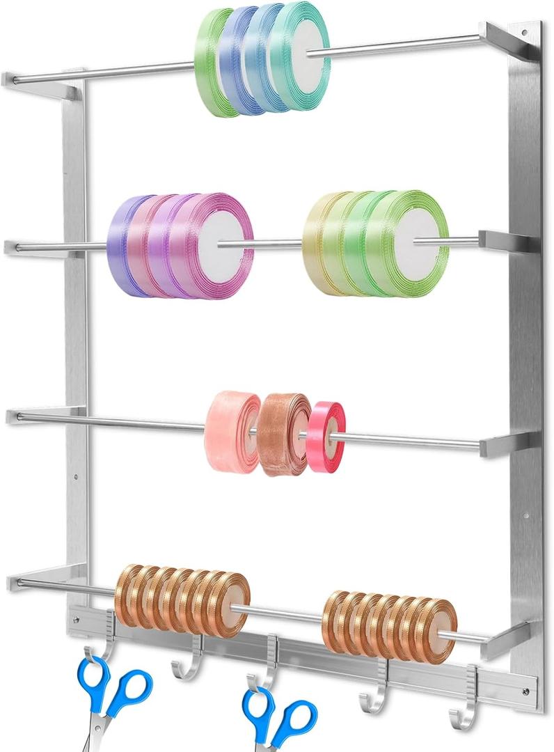 BATTIPAW 4-Tier Ribbon Wall Holder, Ribbon Wall Rack with Sliding Hooks, Wall Mounted Ribbon Organizer, Sewing Thread Wall Holder, Metal Wall Rack for Wire Spools, Fabric, Scarves, Belts, Towels