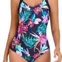 Itzel Women's V Neck One Piece Swimsuit Modest Navy Pink Floral 8 (L)
