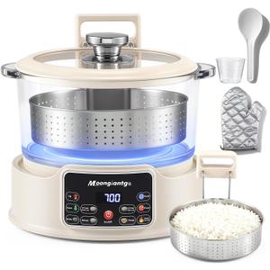 Moongiantgo Low Carb Rice Cooker 3L with Auto Lift Filter Basket, Glass Pot Healthy Low Sugar Rice Maker 700W, Digital Touch Control, 12H Timer & Keep Warm, Steamer for Porridge, Soup, Oats, Grains (White)