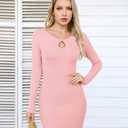 VICHYIE Women Square Neck Ribbed Bodycon Tight Dress Long Sleeve Mid Thigh Pencil Above Knee Dresses (Pink, XL)