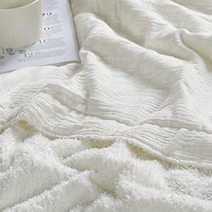 JOOJA Knit Throw for Couch Bed Soft Blanket Muslin Cotton Reversible for Couch Muslin Blanket for Adults Cream White 50"x70"