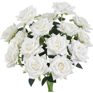 Floweroyal 15PCS White Roses Artificial Flowers 4.33" Velvet Flowers with Long Stem Fake Roses for Valentine's Day, Wedding Bridal Bouquets, Floral Arrangement, Table Centerpieces, Home Decorations