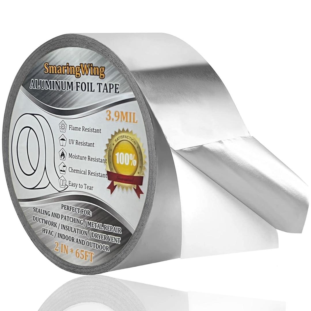 Aluminum Foil Duct Tape Heavy Duty Waterproof, Premium Silver Metal HVAC Heat Tapes (2"*65Feet,3.9mil), High Temperature, Dryer Vent Insulation Tape for Ductwork, Ducting, Sealing, Patching, Furnace (1-Pack)
