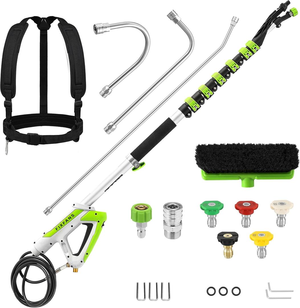 FIXFANS 21 FT Telescoping Pressure Washer Wand with Brush, 4000 PSI Telescopic Power Washer Extension Wand, 3 Gutter Cleaner Curved Rods, 5 Nozzle Tips, 2 Hose Adapters and Support Belt