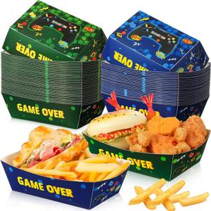 Pasimy 50 Pack Video Game Supplies 1.1lb Video Game Food Serving Trays Bulk Gaming Party Birthday Plates for Birthday Party Gaming Theme Party Favor Supplies Decoration