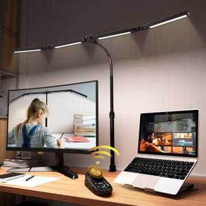 Adjustable LED Desk Lamp with Clamp, 4-Head Eye-Caring CRI95+ Desk Light, Stepless Dimming & Color Temp Remote Control, Flexible Neck, 5-Mode for Reading, Computer, Crafting, 90" Wide Desk Coverage (Black)