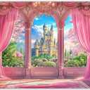 Fabric 7x5ft Pink Curtains Castle Photography Backdrop Window Room Floral Fairy Tale Background Girls Party Decorations Photo Booth Banner Tapestry