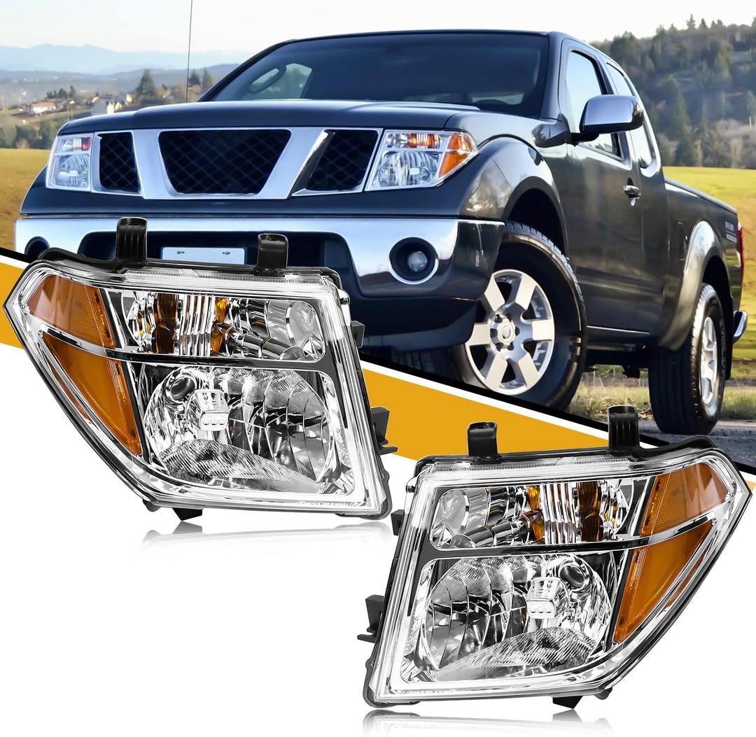 Headlight Assembly Compatible with Nissan 2005-2008 Frontier / 2005-2007 Pathfinder, Halogen Headlamp Replacements Pair Set for 26060EA525 26010EA525, w/o Bulb, Clear Housing Yellow Corner
